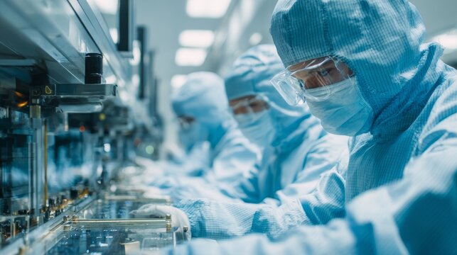 Workers in full protective gear meticulously assemble products in a sterile environment, focusing on intricate details