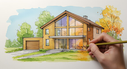 Illustration of Modern House Exterior: Hand-Drawn Sketch with Aerial View

