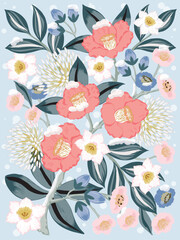  Korean January Flowers Vector Illustration of Winter Blooms: Camellia, Plum Blossom, and Narcissus 	