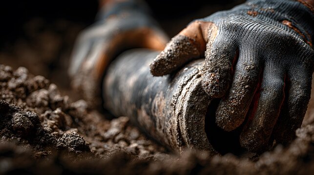 Professional plumber's gloved hands carefully work on a drainage pipe deep in the ground, showcasing expertise and determined, gritty hard work.