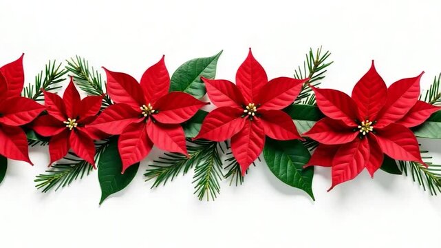 Poinsettia flowers with bright red petals and green foliage, often used as holiday decorations or gifts