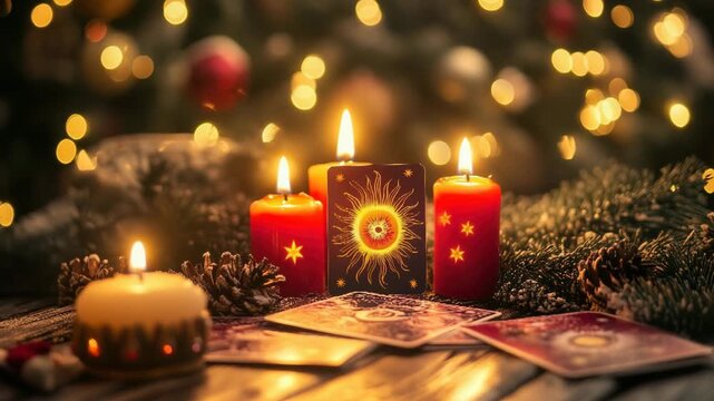 Tarot cards with sun arcana and burning candles during christmas holiday season