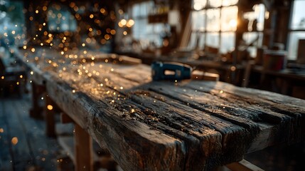 Rustic wooden workbench sits in a sun-drenched workshop. Golden hour light illuminates floating sawdust particles and a resting power tool nearby.