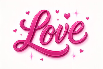 Pink love calligraphy hand lettering word design with hearts decorative typography romantic greeting card