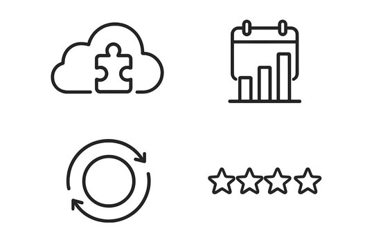 Business and technology line icons: cloud puzzle, calendar chart, refresh cycle, and four stars rating symbols