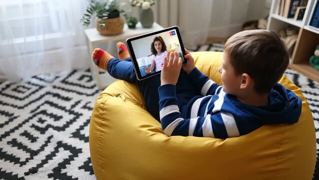 Young Boy Having a Video Call in a Cozy Living Room