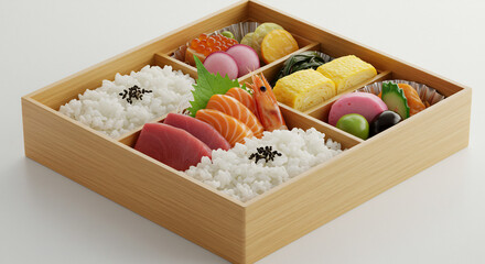 Healthy gourmet bento box featuring a delicious array of fresh tuna salmon sushi rice and vibrant traditional Japanese cuisine. AI Generated