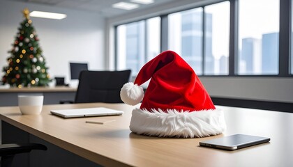 Fototapeta premium fluffy christmas santa claus hat laying on office table