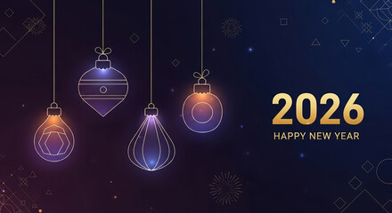 Happy new year 2026 greeting card with line art ornaments. beautiful abstract holiday decorations on a dark blue background