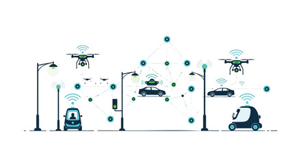 Smart city technology illustrating connected autonomous vehicles drones and infrastructure with wireless communication