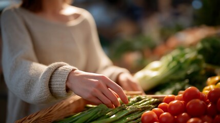 A hand gently touching fresh produce at a farmer’s market stall — organic food lifestyle, support for local agriculture, farm-to-table movement, and healthy nutrition choices. cinematic color