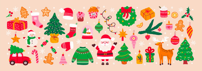 Big Set of Christmas hand drawn elements. Cute holiday Xmas graphic icons. Santa Claus, Christmas tree, gift boxes, baubles, bow, candle, candy. Perfect for greeting card and stickers. Vector flat