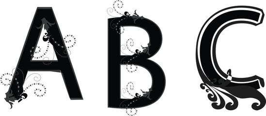 Decorative Swirl Alphabet Letters and Abstract Hand Drawn Grunge Cross Shape Vector Set