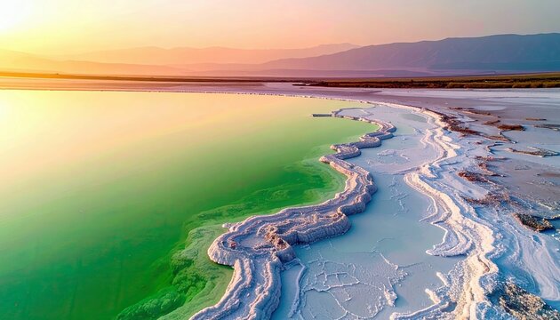 An aerial view captures the striking contrast between a vibrant green body of water and the white, textured salt deposits along its shore, bathed in the warm hu