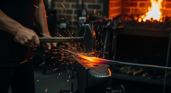 A blacksmith in a contemporary forge hammering hot metal