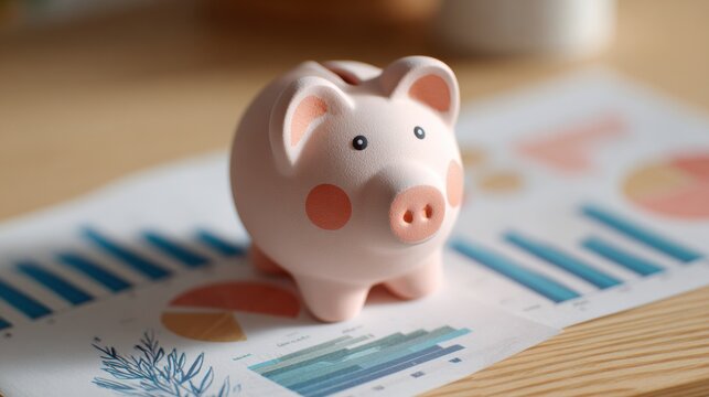 Clay Piggy Bank is Surrounded by Colorful Abstract Graphs Representing Financial Growth and Savings Strategies