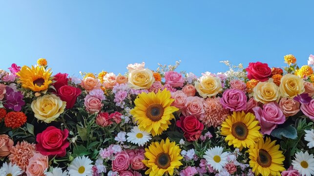 A colorful array of summer garden flowers in full bloom, with bright petals of sunflowers, daisies, and roses under a clear blue sky.