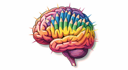 colorful human brain with colored pencils embedded for creative thinking presentations, art therapy blogs, educational materials on neuroscience, and design agency websites