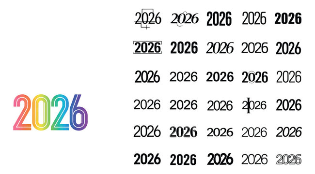 Collection of the year 2026 in various fonts and styles, including a colorful gradient text and multiple instances of the number in different typographies, isolated on