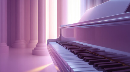 Close up of piano keys with purple and orange neon lighting music background