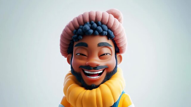 Happy man cartoon character wearing winter clothes laughing isolated on a white background