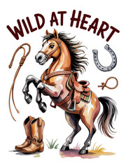 Wild at heart horse rearing with cowboy boots and horseshoe, perfect for rustic decor