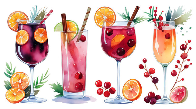 Festive watercolor cocktails with citrus slices and berries, cranberries, elegant holiday drink collection perfect for Christmas menus, winter celebrations, party invitations and decor. - Powered by Adobe