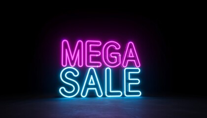 Vibrant 'MEGA SALE' neon sign glowing brightly on a dark floor with reflections