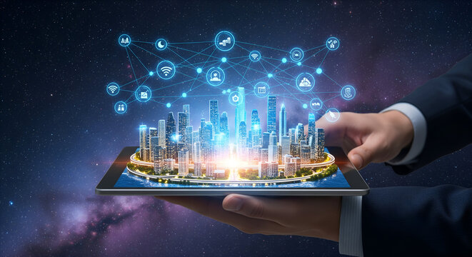 Digital Cityscape Overlay on Tablet in Space