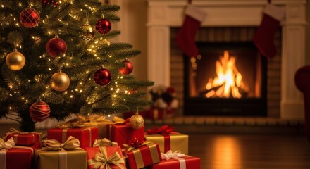 Cozy Christmas Eve Gifts with Tree, Fireplace, Stockings, and Holiday Cheer.