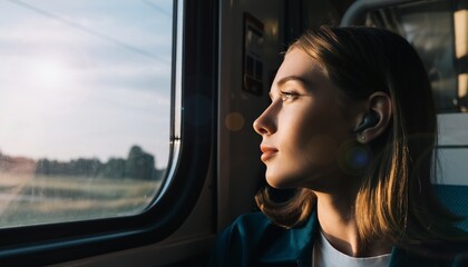 Young woman enjoying a peaceful train journey, looking out a sunlit window with an earbud