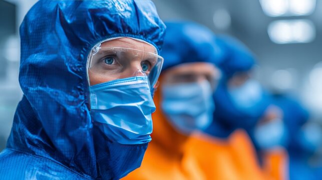Workers in protective blue and orange hooded suits, goggles, and masks, focused gaze in a brightly lit industrial setting - Powered by Adobe