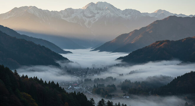 Majestic mountain valley sunrise with golden light touching snow peaks and a village hidden in dense morning fog. AI Generated - Powered by Adobe