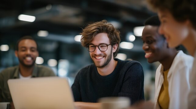 Team gathered around the new hire’s desk with laughter, coffee mugs, and open laptops — authentic workplace camaraderie, communication, and teamwork, showcasing a company that values collaboration