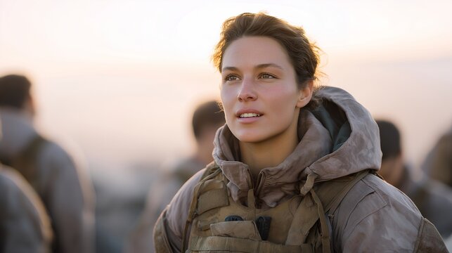 A servicewoman leading her unit through an early-morning fitness drill, encouraging exhausted teammates with motivating shouts as fog hangs over the training ground — inspiring leadership, physical
