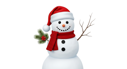 Cheerful snowman wearing a red Santa hat and scarf with pine sprigs and berries isolated on a transparent background