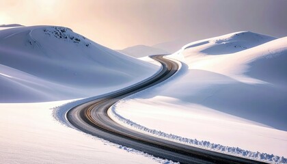 A winding asphalt road cuts through a landscape of smooth, snow-covered hills under a pale, overcast sky.