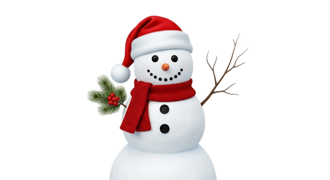 Cheerful snowman wearing a red Santa hat and scarf with pine sprigs and berries isolated on a transparent background