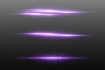 Set of purple glowing light streak effects on transparent background