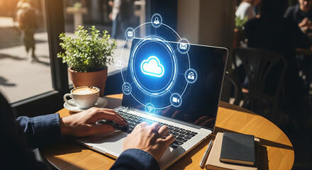Hands Typing on Laptop with Cloud Technology Icons