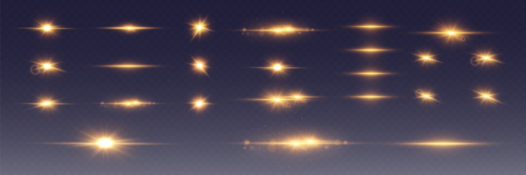 Golden light flares set on transparent background