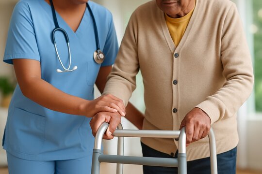 Woman nurse helping elderly man patient with walker. Healthcare support for senior citizen. Home care assistance and physical therapy concept.