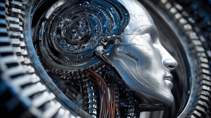 A detailed profile shot of a metallic, futuristic cyborg head with intricate mechanical elements forming a halo-like structure