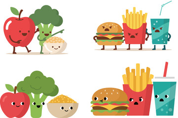 Fototapeta premium Healthy Food Characters Arguing With Junk Food Cartoon Flat Vector Illustration