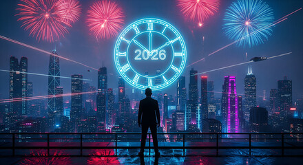 Man Watches Fireworks over Futuristic City Skyline