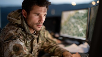 A joint operations intelligence cell combining satellite imagery, weather data, and unit positions into a unified dashboard as officers coordinate across multiple radio channels — multi-agency