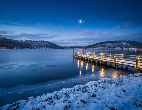 A wooden dock with lights extends into a frozen lake at dusk with snow-covered hills in the background.