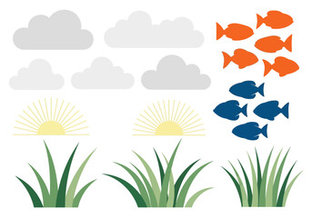 Obraz premium set of natural elements: fish, grass, and clouds