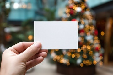 Festive scene with a hand holding a card against a beautifully decorated Christmas tree illuminated with twinkling lights