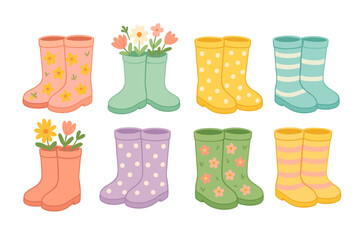Spring footwear icon set. Flower boots vector set. Colorful rubber boots decorated with flowers and floral patterns. Spring gardening vector illustration.